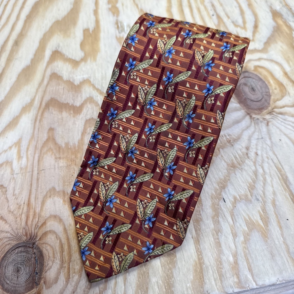 Robert Talbott Seven Fold Silk Tie Brown Geometric Floral Print Handmade USA